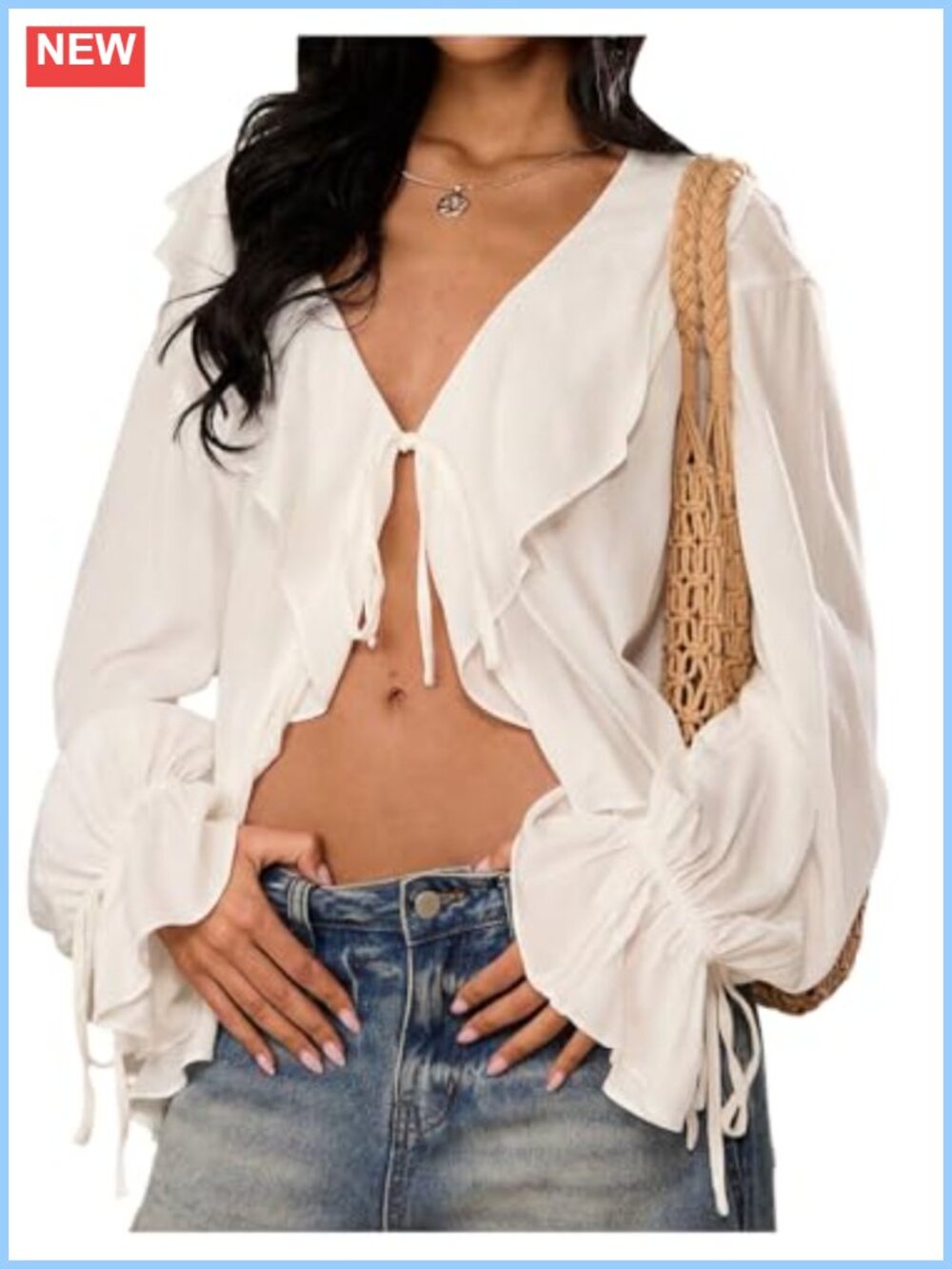 SOLY HUX Women's Tie Front Ruffle Bell Sleeve Chiffon Blouse